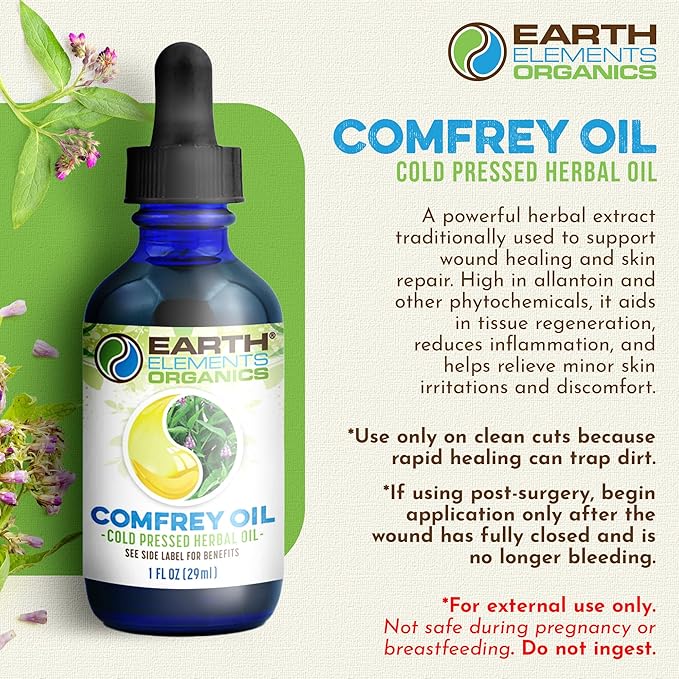 Comfrey Oil Raw with Sunflower Oil, Infused, Pressed Herbal Remedy, Support for Bruises, Sore Muscles, and Healthy Skin, Organic Skincare for All Skin Types - 1 fl oz