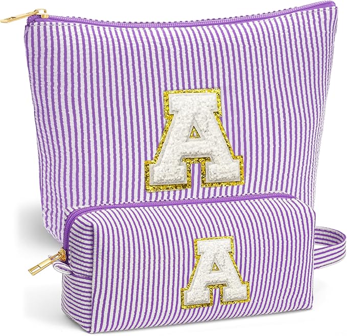 Travel Makeup Bag Set - Travel Essentials, Initial Make up Cosmetic Bag Makeup Pouch Travel Toiletry Bag | Cute Purple Stuff Birthday Gifts for Women Mom Daughter, Purple Letter A