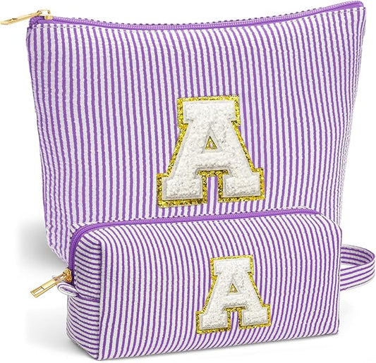 Travel Makeup Bag Set - Travel Essentials, Initial Make up Cosmetic Bag Makeup Pouch Travel Toiletry Bag | Cute Purple Stuff Birthday Gifts for Women Mom Daughter, Purple Letter A