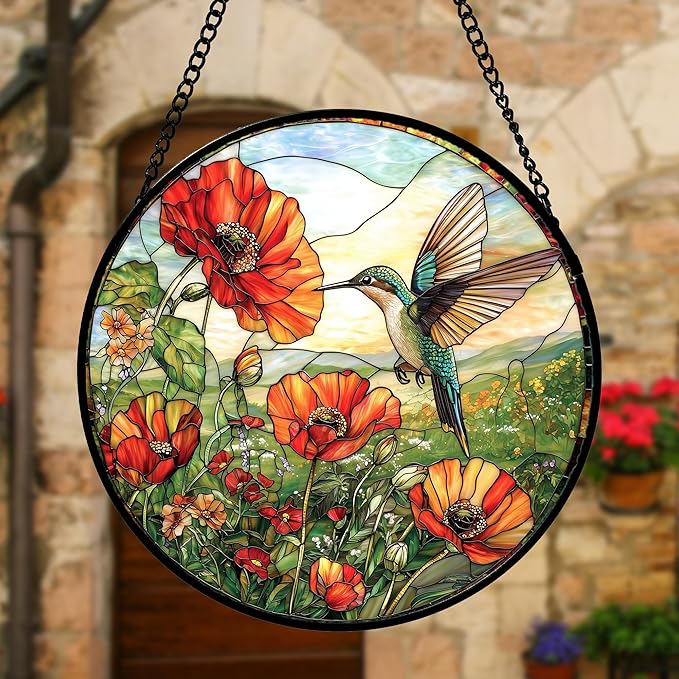 Stained Glass Window Hanging, Hummingbirds Orange Flowers Suncatcher Diamond Glass Panel Hangings Sun Catchers Decor for Birthday for Women, Men, Wife, Aunt, and Mom 7.8 in