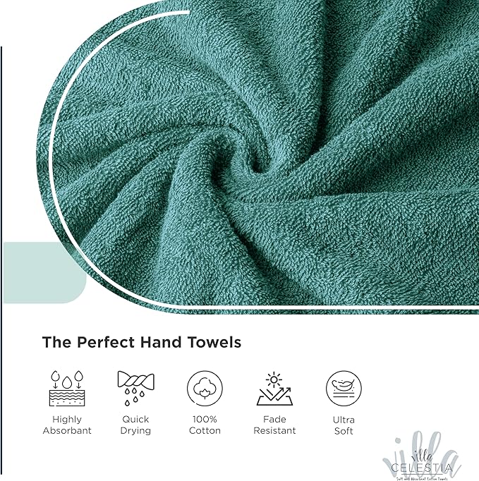 100% Cotton Hand Towel Set of 4, (16 x 28 inches) Sustainable, Soft, Highly Absorbent, Quick Drying, Combed Cotton Hand Towels Pack of 4 Ideal for Hotels, Spa, Bathroom, Dorm, Teal