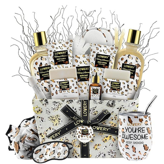 Luxury At-Home Spa Kit with Honey Almond Scent - Bath Gift Basket with Vit E-Rich Bath Essentials, Tumbler, Ear Candles, Bath Oil, Salts, Shower Steamer, Organic Lip Balm & More in Leopard Basket, 21