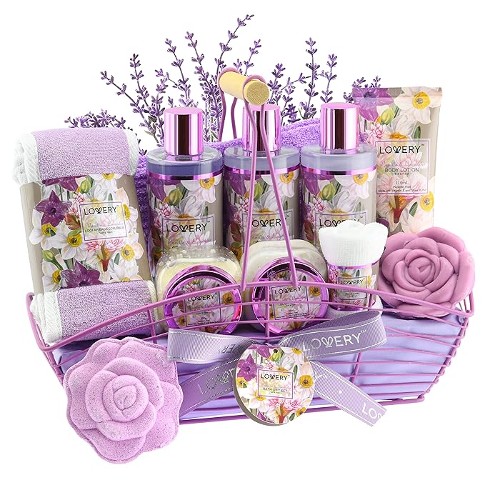 Gift Sets For Women, Gift Basket for Women & Men, Bath and Body Gift Basket, 13pc Vanilla Lavender Home Spa Set, Body Lotion, Bath Bomb, Shower Gloves Gift for Mom Thank You Birthday Gifts