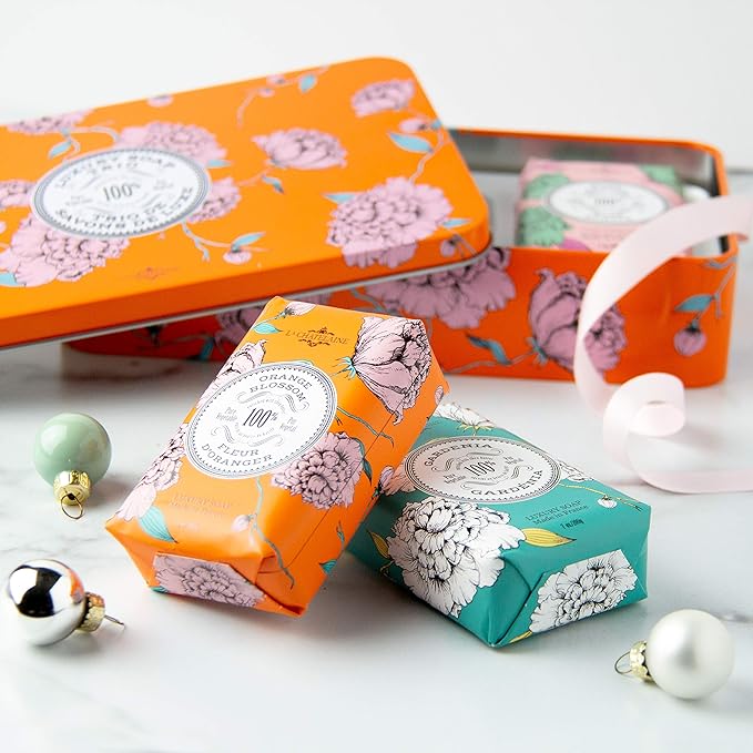 La Chatelaine Luxury Bar Soap Trio Gift Set Tin | Made in France | Natural and Organic | Shea Butter Formula | 3 x 7 oz / 200g - Orange Soap Trio (Gardenia, Orange Blossom, Rose Acacia)