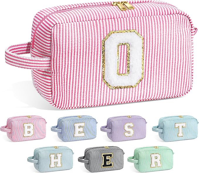 YOOLIFE Initial Cosmetic Bag for Women - Monogram Cute Initial Pink Makeup Bags Toiletry Pouch Make Up Case for Women Her Best Friend Friendship Sister Teacher, Personalized Birthday Gifts for Women O