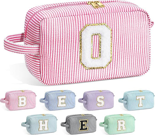 YOOLIFE Initial Cosmetic Bag for Women - Monogram Cute Initial Pink Makeup Bags Toiletry Pouch Make Up Case for Women Her Best Friend Friendship Sister Teacher, Personalized Birthday Gifts for Women O