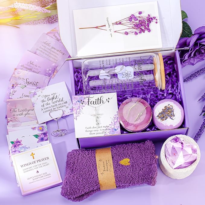 Christian Gifts For Women Faith - Inspirational Religious Birthday Gifts, Purple Spiritual Baptism Baskets For Mom, Grandma, Wife, Mothers, Best Friend, Sister,Catholic&Encouragement Birthday Baskets