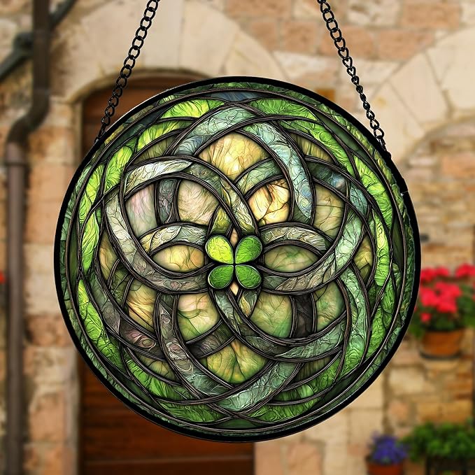 Stained Glass Window Hanging, Abstract Green Clover Sun Catchers Colorful Glass Panel Bless Suncatcher Decor for Birthday for Women, Men, Wife, Aunt, and Mom 9.8 in