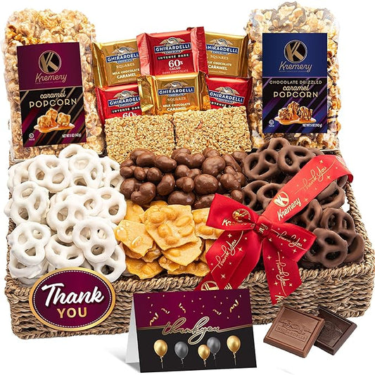 KREMERY Creamy Chocolate Cravings - Thank You Appreciation, Chocolate Covered Pretzels & Caramel Popcorn Gift Basket, in Seagrass Tray + Ribbon & Greeting Card (Deluxe, 3.5 lbs) Food Assortments USA Made