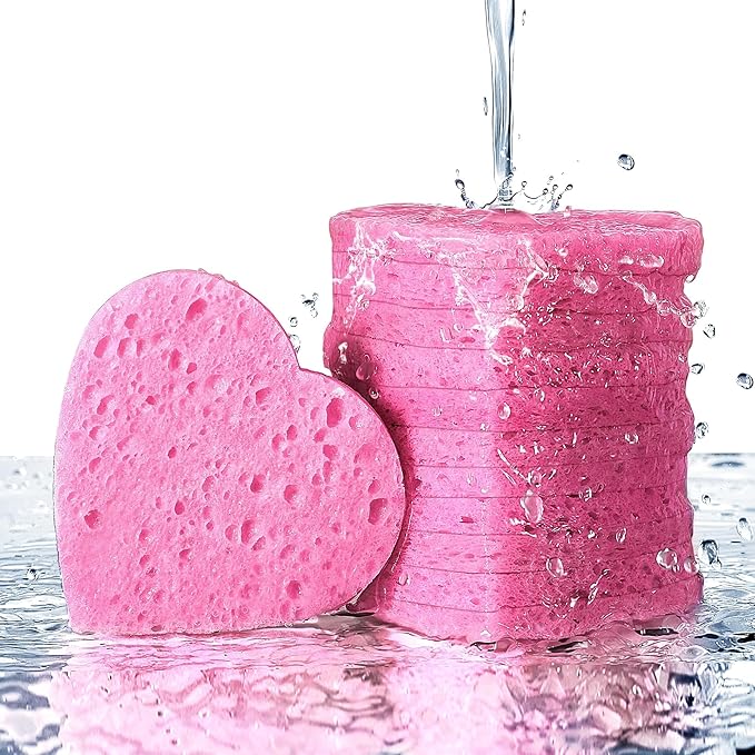 50-Count Heart Shape Compressed Facial Sponges for Daily Facial Cleansing and Exfoliating, 100％ Natural Cosmetic Spa Sponges for Makeup Remover