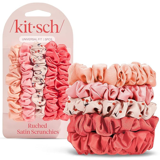 Kitsch Satin Scrunchies for Women - No Crease Hair Ties for Girls | Scrunchies For All Hair Types and Textures, Perfect for Day or Night | Ideal Gifts for Women - Assorted Cherry Blossom, 5pcs