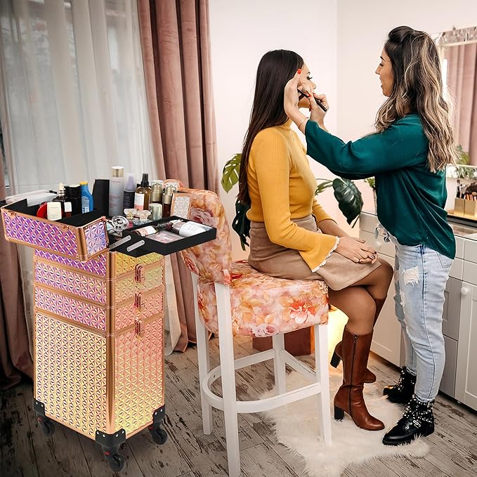 Rolling Makeup Case, Makeup Train Case with Lid, 5 in 1 Cosmetology Case on Wheels, Christmas Gift, Large Makeup Organizers, Profesional Cosmetic Case for Salon Barber, Bright Pink