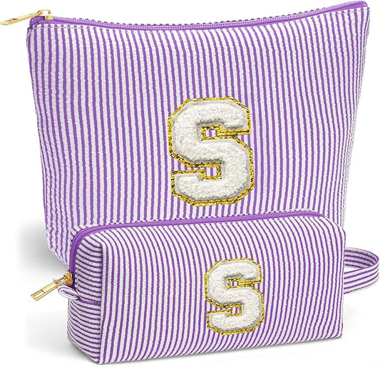 Travel Cute Makeup Bag Set - Make up Cosmetic Bag for Women, Small Makeup Bag for Purse Makeup Kit | Purple Stuff Birthday Gifts for Women Travel Essentials, Purple Letter S