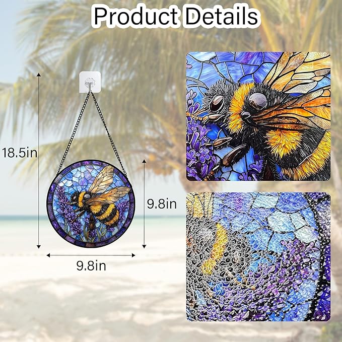 Stained Glass Window Hanging, Bee Lavender Sun Catchers Diamond Glass Panel Hangings Insect Suncatcher Decor for Birthday for Women, Men, Wife, Aunt, and Mom 9.8 in