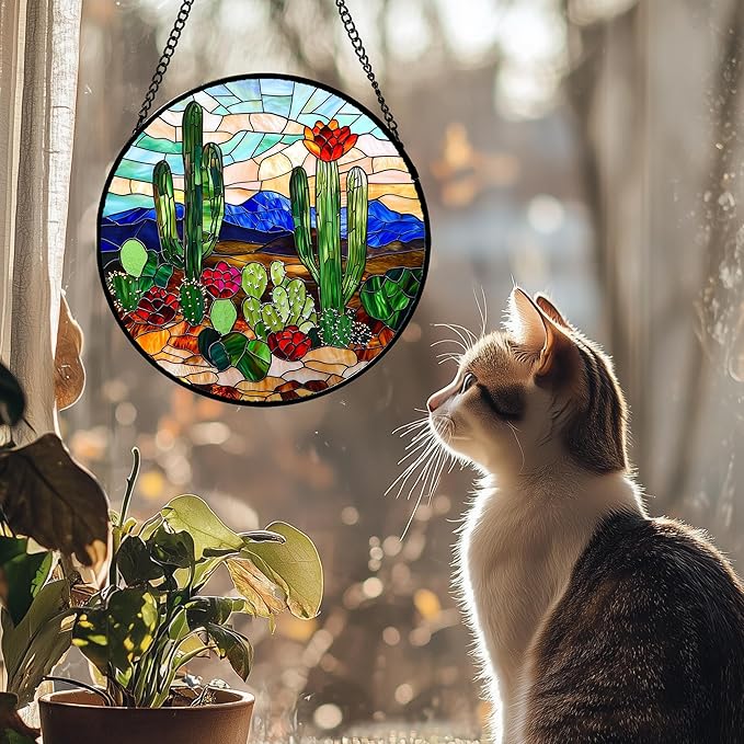 Stained Glass Window Hanging, Green Cactus Suncatcher for Doors Window Home Plant Landscape Sun Catchers Decoration Mother's Day Birthday Gifts for Women, Men, and Mom 7.8 in
