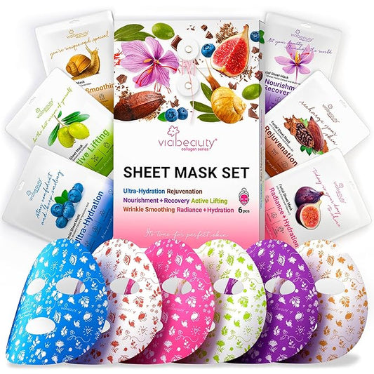 6 Pack of Sheet Face Masks Skincare - Collagen Face Mask Sheets with Hyaluronic Acid, Vitamin C, Snail Mucin - Facial Sheet Mask for Hydrating, Moisturizing, Rejuvenating