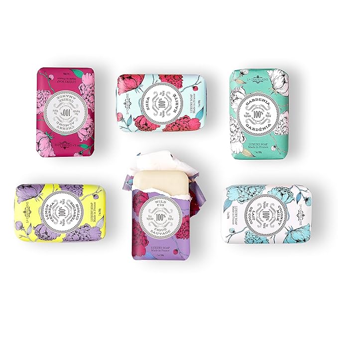 La Chatelaine Luxury Soap Collection | Oprahs Favorite Things | Shea Butter Bar Soaps, Made in France | Natural | Set of 6, 7 oz (Gardenia, Coconut Milk, Lemon Verbena, Cherry Almond, Shea, Wild Fig)