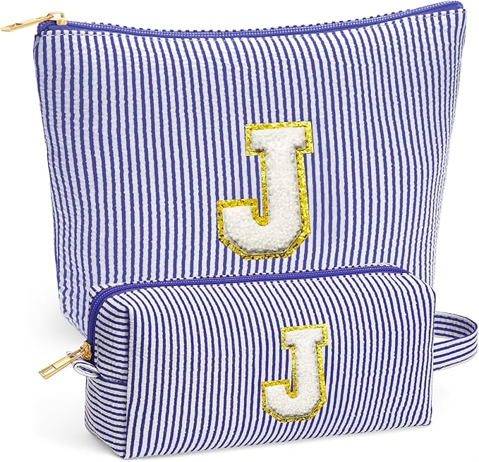 Travel Essentials - Portable Travel Toiletry Bag for Women, Initial Makeup Kit Organizer Make up Cosmetic Bag Set Blue Stuff Birthday Gifts for Women Daughter Mom, Blue Letter J