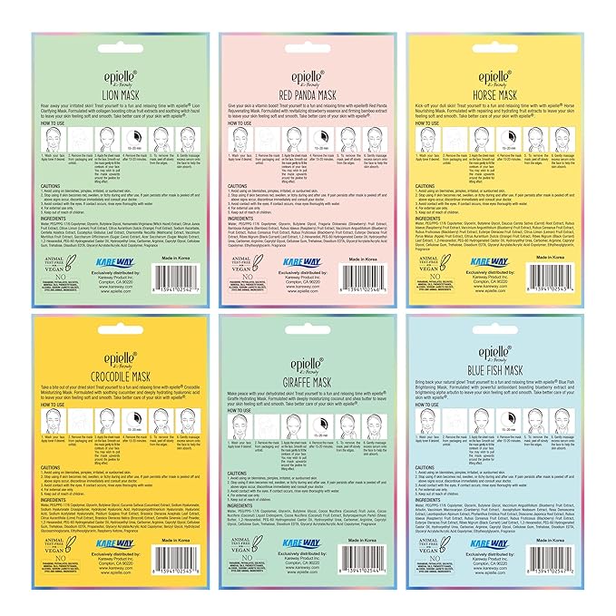 Epielle Animal Character Sheet Masks 6 Pack, Moisturizing & Hydrating Face Mask with Hyaluronic Acid & Fruit Extract, Korean Skin Care, Girls Spa Party Favors, Sleepover, Self Care Gifts for Women