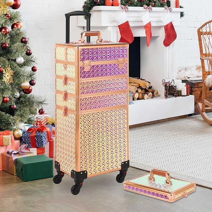 Rolling Makeup Case, Makeup Train Case with Lid, 5 in 1 Cosmetology Case on Wheels, Christmas Gift, Large Makeup Organizers, Profesional Cosmetic Case for Salon Barber, Bright Pink