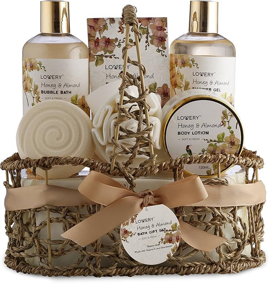 Womens Gifts, Gift Baskets for Women Who Have Everything, Home Spa Honey & Almond Scent, Luxury Bath & Body Set - Shower Gel, Bubble Bath, Body Lotion, Salts, Bath Bomb, Bath Puff & Handmade Basket