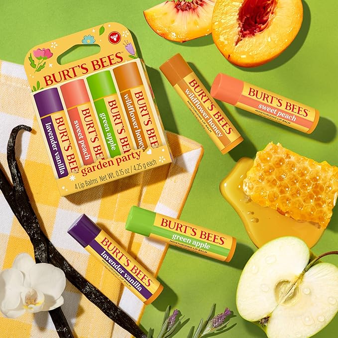 Burt's Bees Christmas Gifts - Garden Party Lip Balm Set for Stocking Stuffers, With Responsibly Sourced Beeswax, Natural Origin Lip Treatment, 4 Tubes, 0.15 oz.
