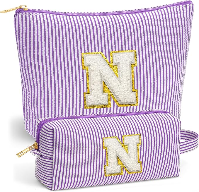 Initial Travel Toiletry Bag for Women - Travel Essentials, Travel Makeup Bag Small Cosmetic Make up Bag Cute Stuff Birthday Gifts for Women Mom Girlfriend Teacher, Purple Letter N