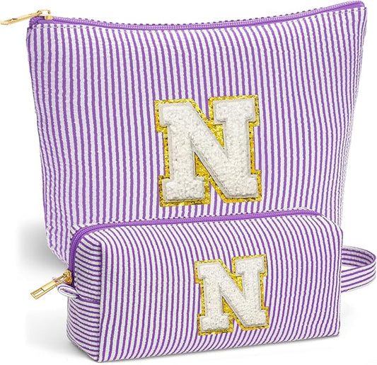 Initial Travel Toiletry Bag for Women - Travel Essentials, Travel Makeup Bag Small Cosmetic Make up Bag Cute Stuff Birthday Gifts for Women Mom Girlfriend Teacher, Purple Letter N