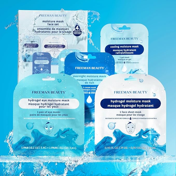 Freeman 4 Piece Moisture Mask Face Set, Hydrating Face Masks & Under Eye Mask For Puffy Eyes, Hydrogel Masks For Dry Skin, Hyaluronic Acid, Travel-Friendly, Vegan & Cruelty Free Skincare
