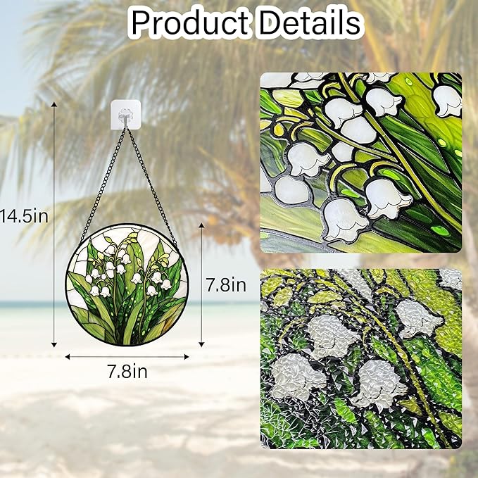 Stained Glass Window Hanging, Lily of The Valley Flower Sun Catchers Colorful Glass Panel Green Plants Suncatcher Decor for Birthday for Women,Men,Wife, Lovers, and Mom 7.8 in