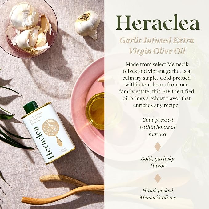 Heraclea - Garlic Infused - Extra Virgin Olive Oil - Organic Olive Oil - Extra Virgin - Cold Pressed - Polyphenol Rich EVOO - 5.9oz Bottle
