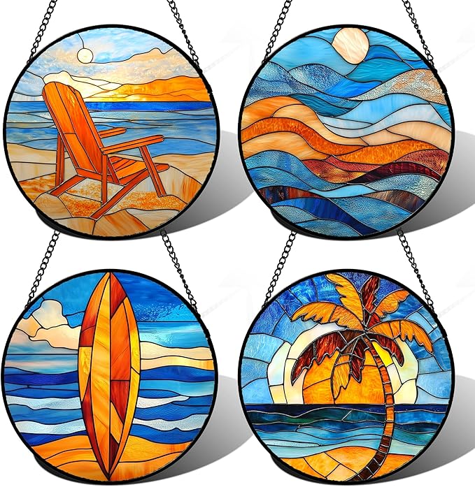 Stained Glass Window Hanging 4 Pcs Set Blue Orange Ocean Beach Theme 6.3" - Suncatcher Door Garden Sun Catcher Decor Birthday Christmas for Mom Woman Nana Men Wife