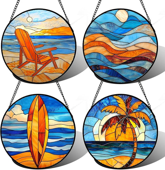 Stained Glass Window Hanging 4 Pcs Set Blue Orange Ocean Beach Theme Large 11.8" - Suncatcher Door Garden Sun Catcher Decor Birthday Christmas for Mom Woman Nana Men Wife