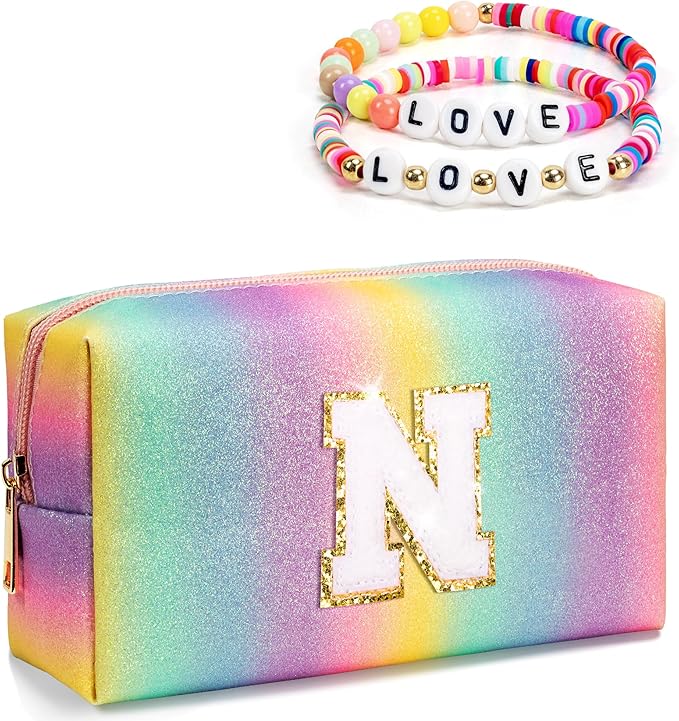 Monogrammed Gifts for Women Girl Kids, Preppy Vanity Bag, Makeup Travel Toiletry Bag with Zipper, Personalized Birthday Gift, Bridal Shower Gift, Flower Girls Gift (Small)