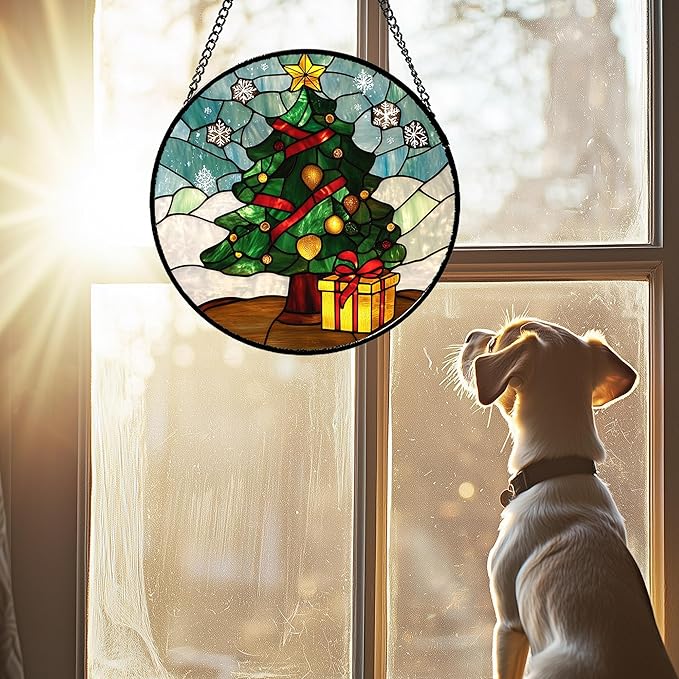 Stained Glass Window Hanging Green Christmas Tree Snowflake Large 15" - Suncatcher Door Garden Sun Catcher Xmas Holiday Decor Birthday for Mom Men Woman Friend Nana