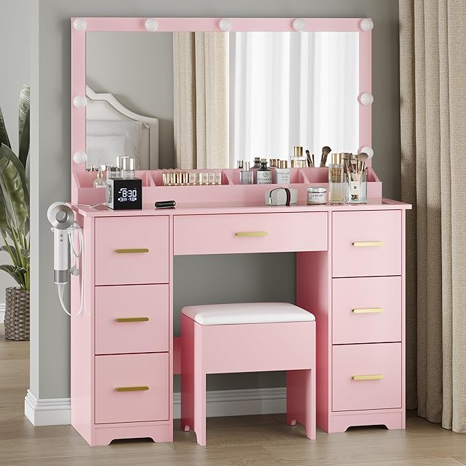 Makeup Vanity with Large Lighted Mirror and Chair, 7 Drawers Vanity Makeup Desk Table with Power Strip, Adjustable Lighting, and Cushioned Storage Stool for Women, Girls