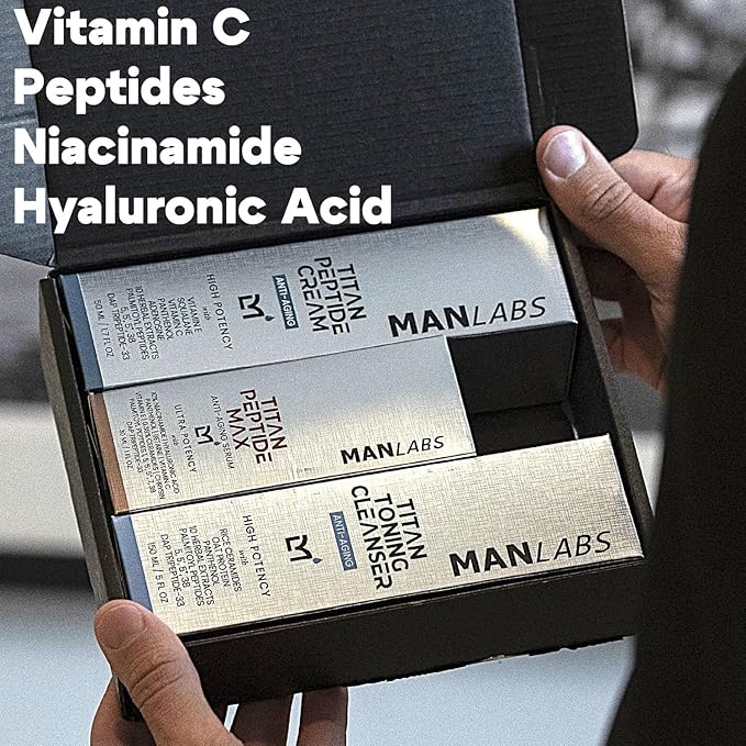 Titan 3-Piece Anti-Aging Mens Skin Care Kit – Wash, Face Serum, Mens Face Moisturizer – Men, Skin Care Set – Dark Spots, Wrinkles, Fine Lines – Vitamin C, Peptides, Niacinamide, HA –Unscented