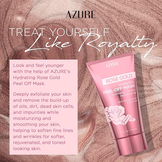 Azure Cosmetics Rose Gold Hydrating Peel Off Face Mask- Anti Aging, Toning & Rejuvenating - Removes Blackheads, Dirt & Oils - With Gold and Rose Water - Skin Care - 150mL / 5 fl.oz.