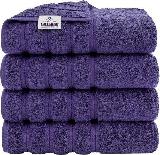 American Soft Linen Luxury 4 Piece Bath Towel Set, 600 GSM 100% Cotton Turkish Bath Towels for Bathroom, 27x54 in Extra Large Bathroom Shower Towels, Purple