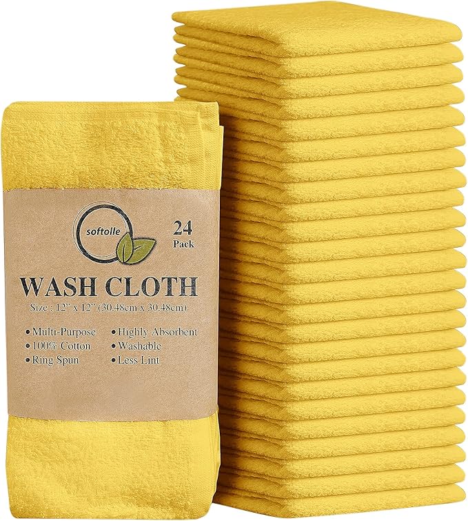 Softolle 100% Cotton Washcloths 24 Pack (12x12 Inches) Soft, Highly Absorbent Washcloth, Face Towels, Wash Cloths for Face, Ring Spun, Bulk Pack (Yellow)