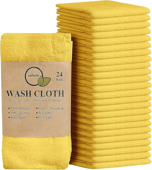Softolle 100% Cotton Washcloths 24 Pack (12x12 Inches) Soft, Highly Absorbent Washcloth, Face Towels, Wash Cloths for Face, Ring Spun, Bulk Pack (Yellow)