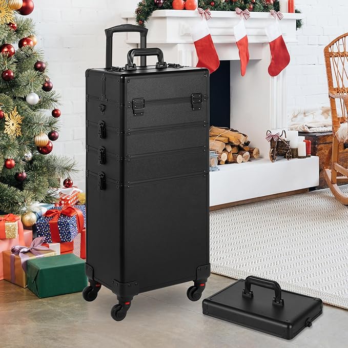 Rolling Makeup Case, Makeup Train Case with Lid, 5 in 1 Cosmetology Case on Wheels, Christmas Gift, Large Makeup Organizers, Profesional Cosmetic Case for Salon Barber, Black