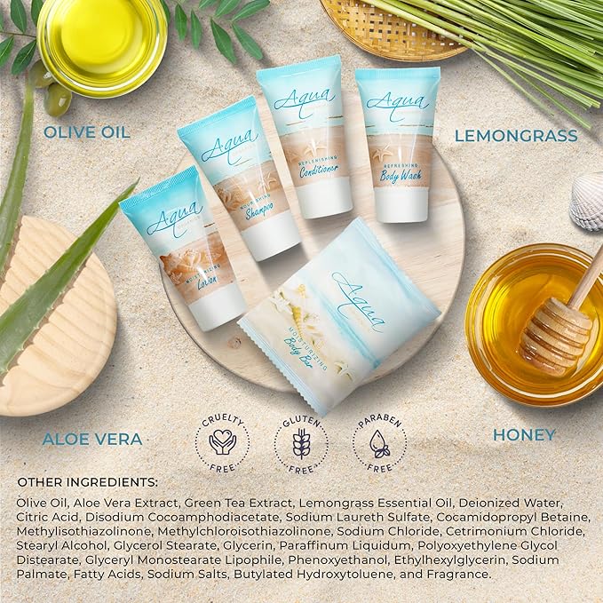 Aqua Organics Amenity Kit | Boxed Hotel Toiletries Bulk Set | 1 oz Shampoo, Conditioner, Lotion, Body Wash & Bar Soap | 300 Sets per Case