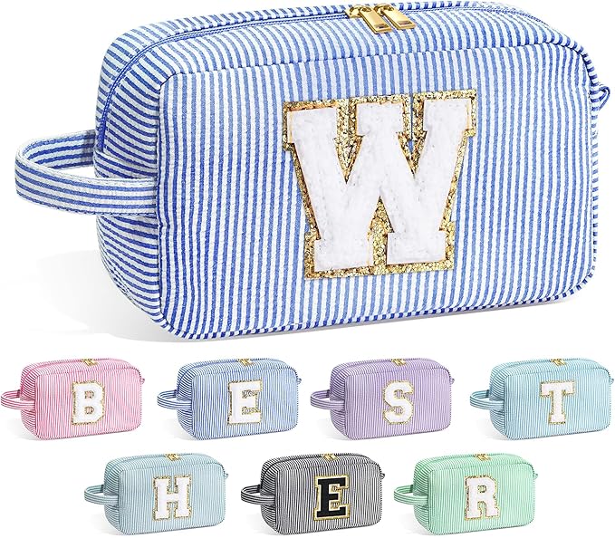 YOOLIFE Travel Makeup Bag - Monogrammed Cute Initial Blue Cosmetic Pouch for Women's Best Friend, Personalized Gifts