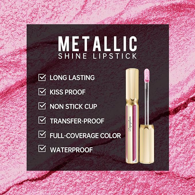 Pink Lipsticks for Women Metallic Lipstick Long Lasting Non Stick Cup Lip Gloss, Shimmer Lightweight Hydrating Full Coverage Lip Color, DP108 Mermaid