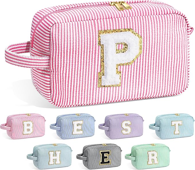 YOOLIFE Initial Cosmetic Bag - Monogram Cute Pink Makeup Bags Toiletry Pouch Make Up Case for Her Best Friend Friendship Sister Teacher, Personalized Birthday Gifts