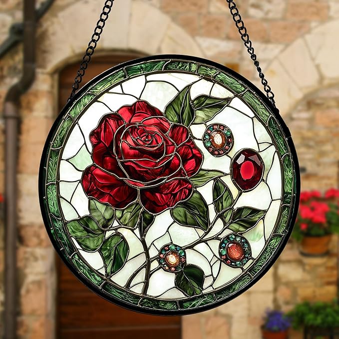 Stained Glass Window Hanging, Red Rose Gemstone Green Sun Catchers Diamond Glass Panel Hangings Suncatcher Decor for Birthday for Women, Men, Wife, Aunt, and Mom 6.3 in