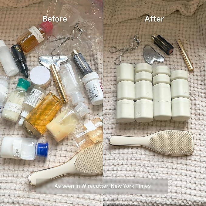 Cadence Travel Containers - Daily Routine Capsule Set - Magnetic Containers with Lids,4 Flex Mediums (1.32oz) & 3 Flex Smalls (0.56oz) - Shampoo, Conditioner, Body Wash, Pills, & More - Sand