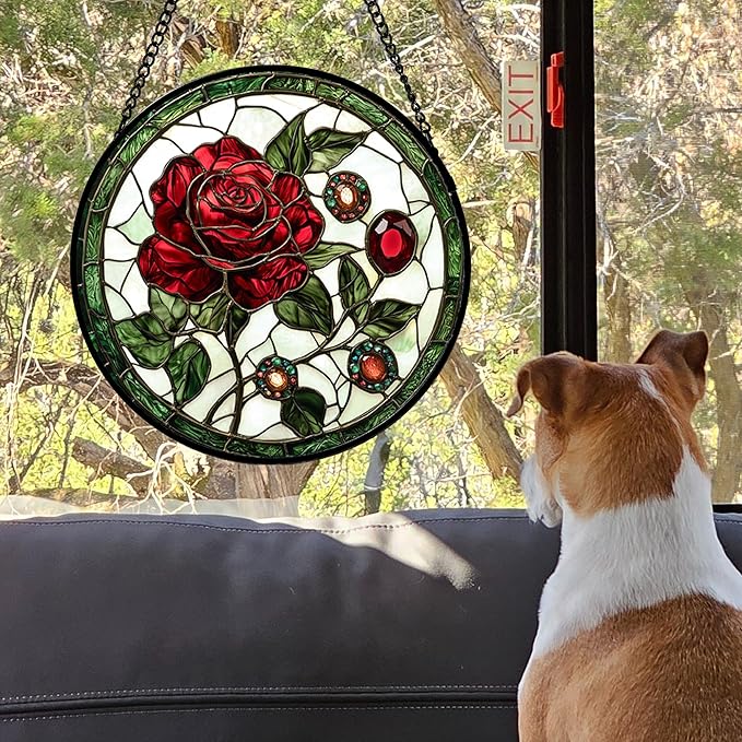 Stained Glass Window Hanging, Red Rose Gemstone Green Sun Catchers Diamond Glass Panel Hangings Suncatcher Decor for Birthday for Women, Men, Wife, Aunt, and Mom 14.9x14.9 in