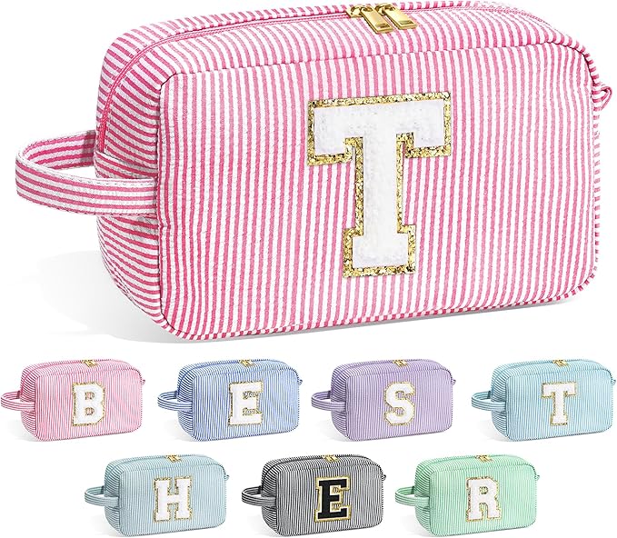 YOOLIFE Teacher Appreciation Gifts for Women - Personalized Birthday Gifts Idea for Women Teacher Best Friend Mom Bridesmaid, Large Initial Pink Makeup Bag, Cosmetic Toiletry Bag Case Make Up Pouch T